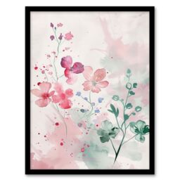 "Artery8 Pretty Light Geranium Flowers Pastel Watercolour Framed Art Print in Pink - Size: W12"" x H16""" - thumbnail 1