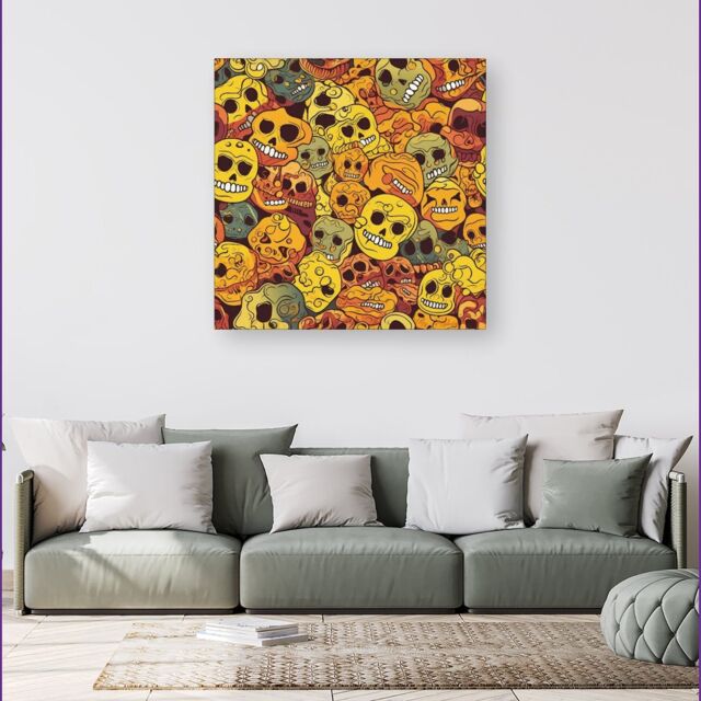 Warren Reed - Designer Autumnal Skulls Pattern Canvas in Orange - Size: w40 inch x h40 inch - image 1