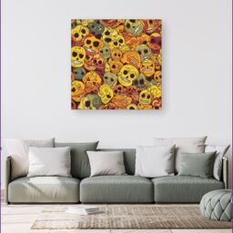 Warren Reed - Designer Autumnal Skulls Pattern Canvas in Orange - Size: w40 inch x h40 inch - thumbnail 1