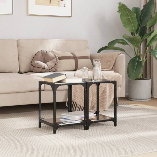 Berkfield Home Modern Coffee Tables with Black Glass Top 2 pcs 30x30x40 cm Steel - Size: 30 x 30 x 40 cm - image 1