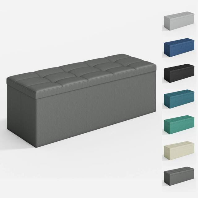 MCC Direct 110cm Large Rectangular Ottoman Foldable Storage Bench Upholstered in Dark Grey - image 1