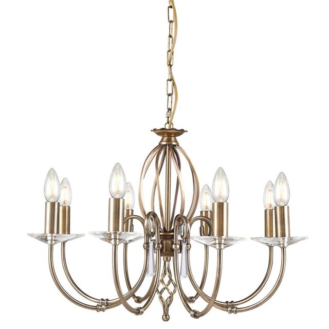 Loops 8 Bulb Chandelier Cut Glass Droplets Central Curved Stem Aged Brass LED E14 60W in Clear - image 1