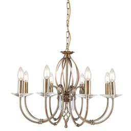 Loops 8 Bulb Chandelier Cut Glass Droplets Central Curved Stem Aged Brass LED E14 60W in Clear