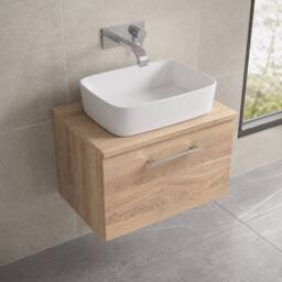 Balterley Level 600mm Wall Hung 1 Drawer Vanity Unit with Worktop - Bleached Oak in Brown - thumbnail 3