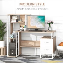 HOMCOM Computer PC Laptop Desk Table Shelf 2 Drawers Bookstore workstation in White - thumbnail 4