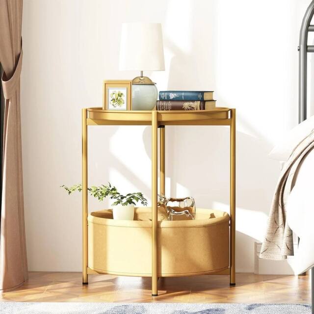 FORGEVIO Small Round Coffee Table with Fabric Basket, 2 Tier End Large in Gold - image 1
