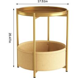FORGEVIO Small Round Coffee Table with Fabric Basket, 2 Tier End Large in Gold - thumbnail 2