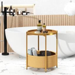 FORGEVIO Small Round Coffee Table with Fabric Basket, 2 Tier End Large in Gold - thumbnail 3
