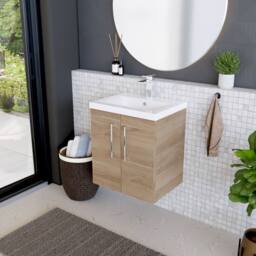 Balterley Contemporary Bathroom Wall Hung 2 Soft-Close Door Vanity Unit & Mid-Edge Ceramic Basin, Bleached Oak, 500 mm in Brown - thumbnail 4