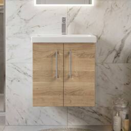 Balterley Contemporary Bathroom Wall Hung 2 Soft-Close Door Vanity Unit & Mid-Edge Ceramic Basin, Bleached Oak, 500 mm in Brown - thumbnail 6