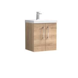 Balterley Contemporary Bathroom Wall Hung 2 Soft-Close Door Vanity Unit & Mid-Edge Ceramic Basin, Bleached Oak, 500 mm in Brown