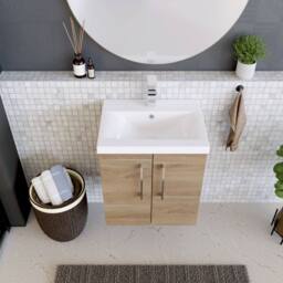 Balterley Contemporary Bathroom Wall Hung 2 Soft-Close Door Vanity Unit & Mid-Edge Ceramic Basin, Bleached Oak, 500 mm in Brown - thumbnail 3
