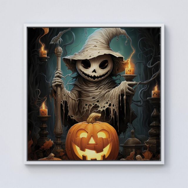 Warren Reed - Designer Creepy Ghost With Pumpkins Framed Canvas in Off-White - Size: w40 inch x h40 inch - image 1