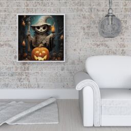 Warren Reed - Designer Creepy Ghost With Pumpkins Framed Canvas in Off-White - Size: w40 inch x h40 inch - thumbnail 2