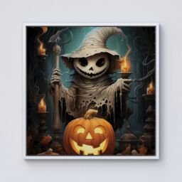 Warren Reed - Designer Creepy Ghost With Pumpkins Framed Canvas in Off-White - Size: w40 inch x h40 inch - thumbnail 1
