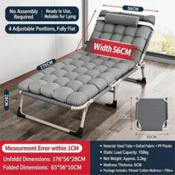 Nordara Folding Chair Bed Reclining Sun Lounger Garden in Grey - Size: 180 cm x 45 cm - thumbnail 2