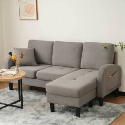 BTM L Shaped Corner Sofa Chaise 3 Seater Cotton Linen Modular Sofa Grey - thumbnail 5