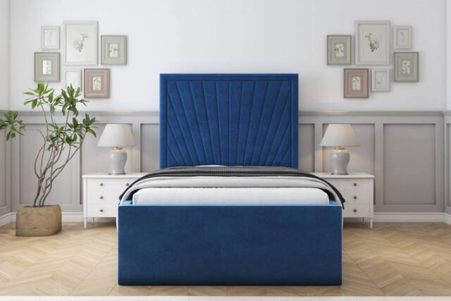 "Sloomy Somerset Plush Deep-Sided Bed Frame With 50"" Upholstered Headboard in Navy - Size: Double" - image 1