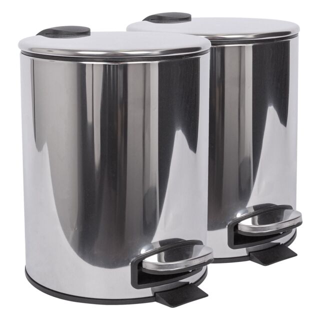 Harbour Housewares 2x Round Bathroom Pedal Bins - 5L Stainless Steel Slim Rubbish Dustbin in Silver - image 1