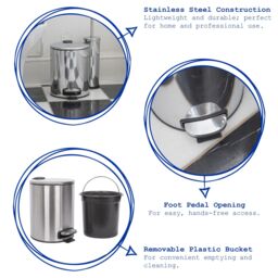 Harbour Housewares 2x Round Bathroom Pedal Bins - 5L Stainless Steel Slim Rubbish Dustbin in Silver - thumbnail 2