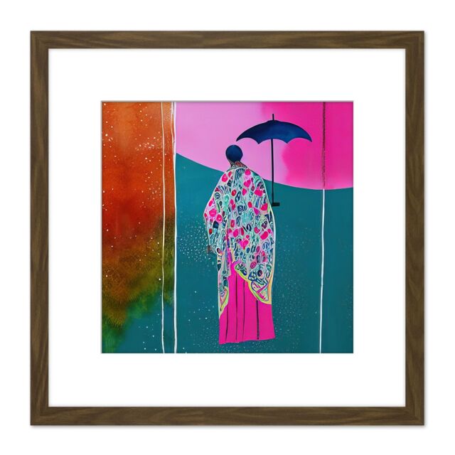 Artery8 Japan Kimono Abstract Painting Parasol Bright Colourful & Modern Square Wooden Framed Wall Art Print Picture 8X8 Inch in Brown - image 1