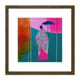 Artery8 Japan Kimono Abstract Painting Parasol Bright Colourful & Modern Square Wooden Framed Wall Art Print Picture 8X8 Inch in Brown - thumbnail 1