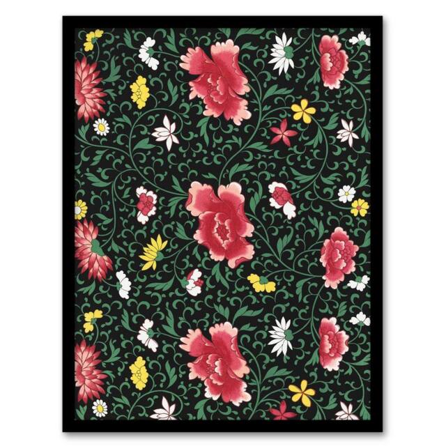 Artery8 Owen Jones Elegant Chinese Flower Pattern Framed Wall Art Print - Size: A4 - image 1