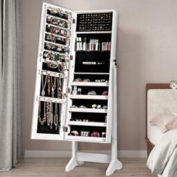 Costway Jewelry Cabinet Free Standing Jewelry Armoire w/Full-Length Mirror in White - thumbnail 2