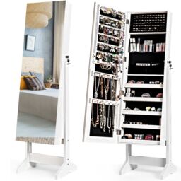 Costway Jewelry Cabinet Free Standing Jewelry Armoire w/Full-Length Mirror in White