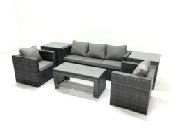 Fimous Rattan Garden Furniture Set Outdoor Lounger Sofa with Coffee Table 2 Armchair 2 Side Tables Dark Grey Mixed - thumbnail 2
