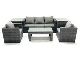 Fimous Rattan Garden Furniture Set Outdoor Lounger Sofa with Coffee Table 2 Armchair 2 Side Tables Dark Grey Mixed - thumbnail 1