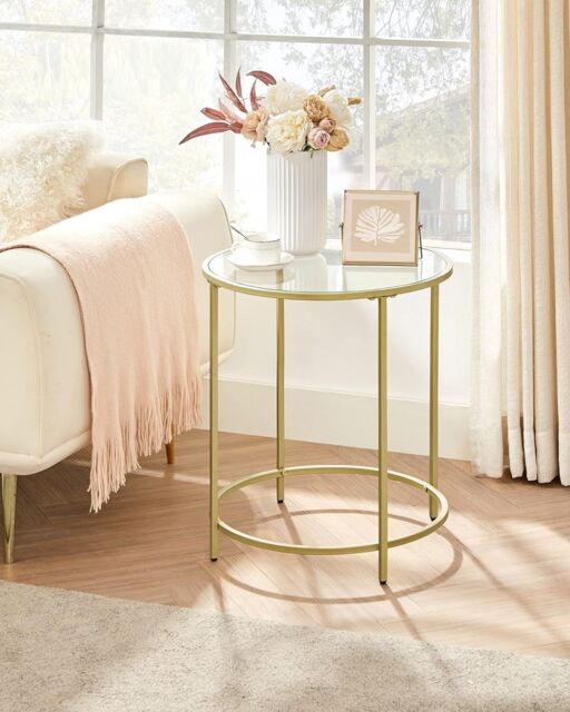 VASAGLE Round Tempered Glass Side Table Steel Frame Small Coffee End Table in Gold - image 1