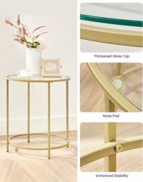 VASAGLE Round Tempered Glass Side Table Steel Frame Small Coffee End Table in Gold - thumbnail 8