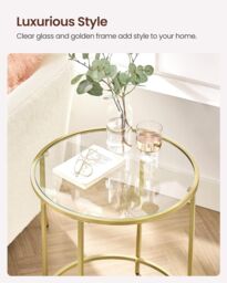 VASAGLE Round Tempered Glass Side Table Steel Frame Small Coffee End Table in Gold - thumbnail 4