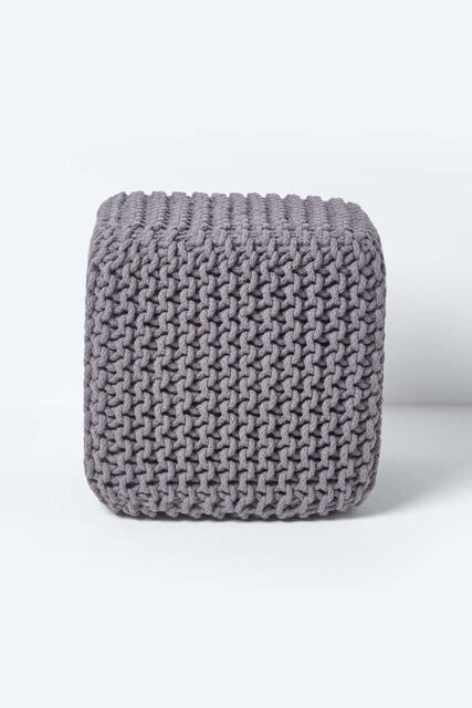 Homescapes Cube Cotton Knitted Pouffe Footstool in Dark Grey - image 1