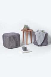 Homescapes Cube Cotton Knitted Pouffe Footstool in Dark Grey - thumbnail 6