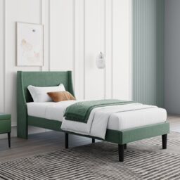 HomeTouch Rosa Green Velvet Upholstered 3FT Single Bed Frame Winged Headboard in Dark Green - thumbnail 4