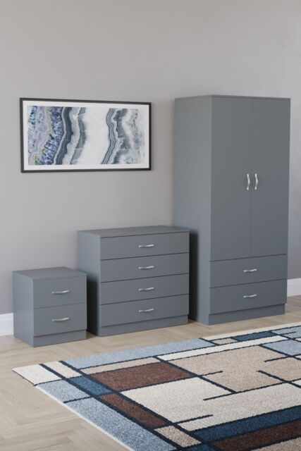 Home Discount Vida Designs Riano 3-Piece Set with 2-Drawer Bedside Chest & Wardrobe in Grey