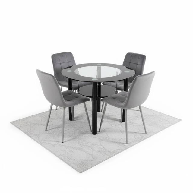 KOSY KOALA Round Black Glass Dining Table Set with 4 Grey Velvet Chairs - image 1