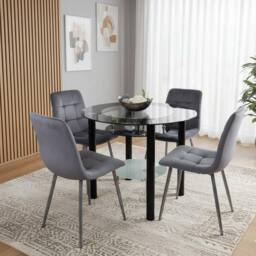 KOSY KOALA Round Black Glass Dining Table Set with 4 Grey Velvet Chairs - thumbnail 2