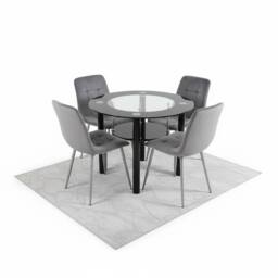 KOSY KOALA Round Black Glass Dining Table Set with 4 Grey Velvet Chairs - thumbnail 1