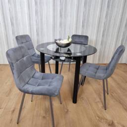 KOSY KOALA Round Black Glass Dining Table Set with 4 Grey Velvet Chairs - thumbnail 5