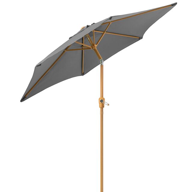 Christow Garden Parasol 2.4m Tilting Outdoor Umbrella Steel Pole Wood Effect Finish UV30+ in Grey - image 1