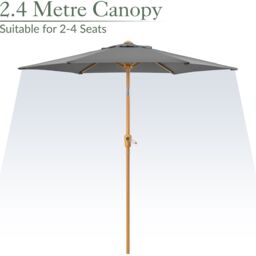 Christow Garden Parasol 2.4m Tilting Outdoor Umbrella Steel Pole Wood Effect Finish UV30+ in Grey - thumbnail 6