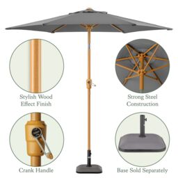 Christow Garden Parasol 2.4m Tilting Outdoor Umbrella Steel Pole Wood Effect Finish UV30+ in Grey - thumbnail 5