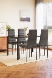 Living and Home 5-Piece Dining Table Set of Faux Leather Dining Chairs and Tempered Glass Table in Black - thumbnail 2