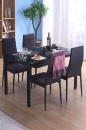 Living and Home 5-Piece Dining Table Set of Faux Leather Dining Chairs and Tempered Glass Table in Black