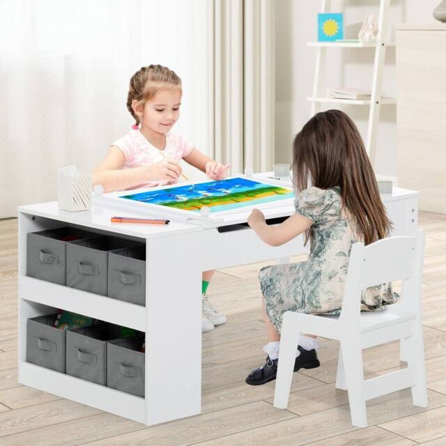 Costway 2-in-1 Kids Art Table & Chairs Set Wooden Craft Easel Desk W/Shelves in White - image 1