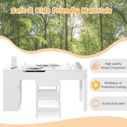 Costway 2-in-1 Kids Art Table & Chairs Set Wooden Craft Easel Desk W/Shelves in White - thumbnail 9