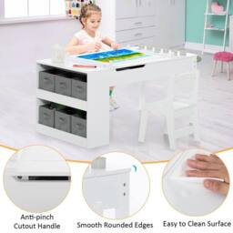 Costway 2-in-1 Kids Art Table & Chairs Set Wooden Craft Easel Desk W/Shelves in White - thumbnail 6
